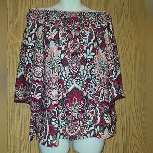 Banana Republic Red and Black Patterned Off-Shoulder Blouse XL